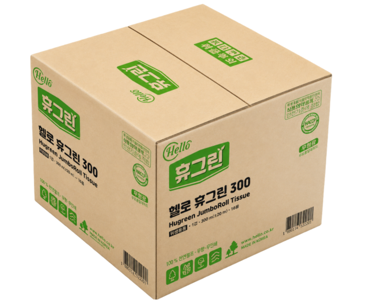 헬로휴그린 100% 천연펄프 무형광 점보롤 2겹 250M 16롤